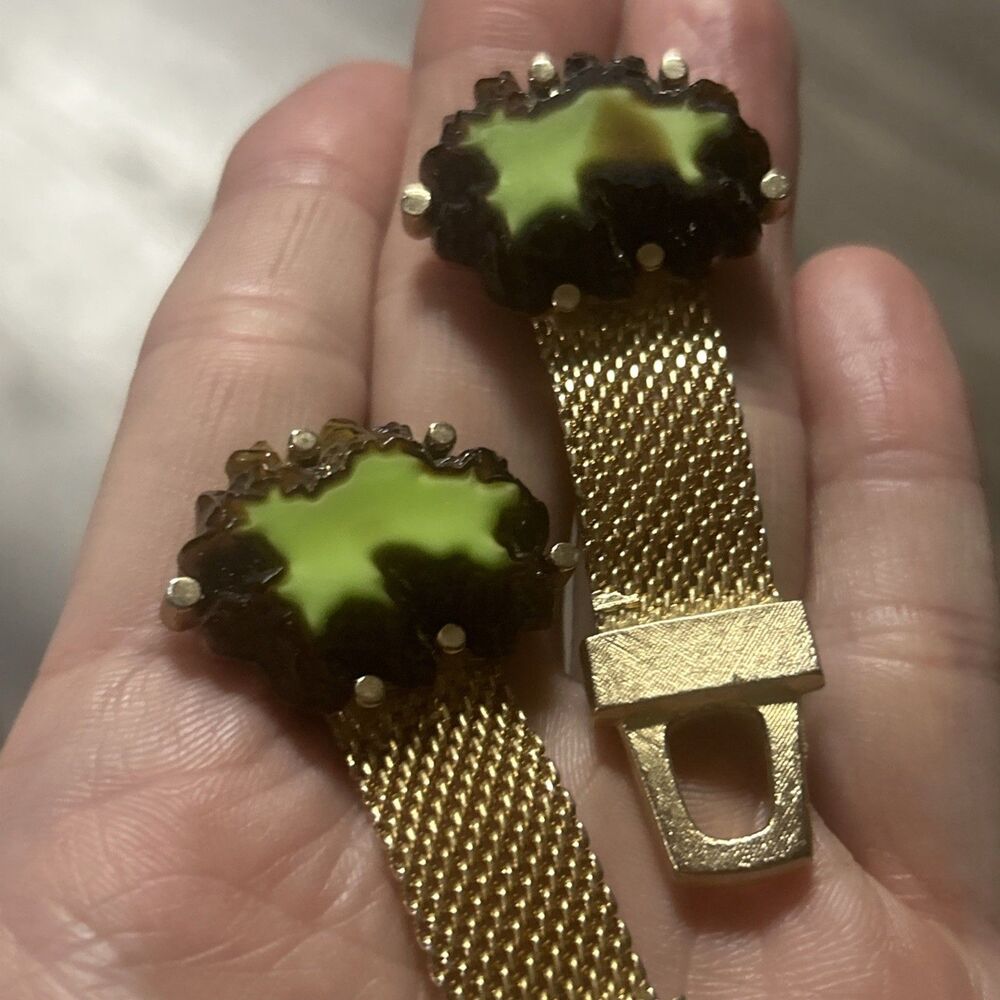 Vintage Cuff Links Hickok Green Glass/Crystals Kitsch Mens Cufflinks Western